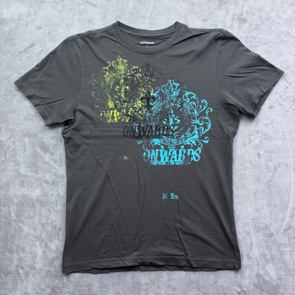 Express Mens Graphic Tee Charcoal Gray Onwards Crest Short Sleeve Shirt Size M